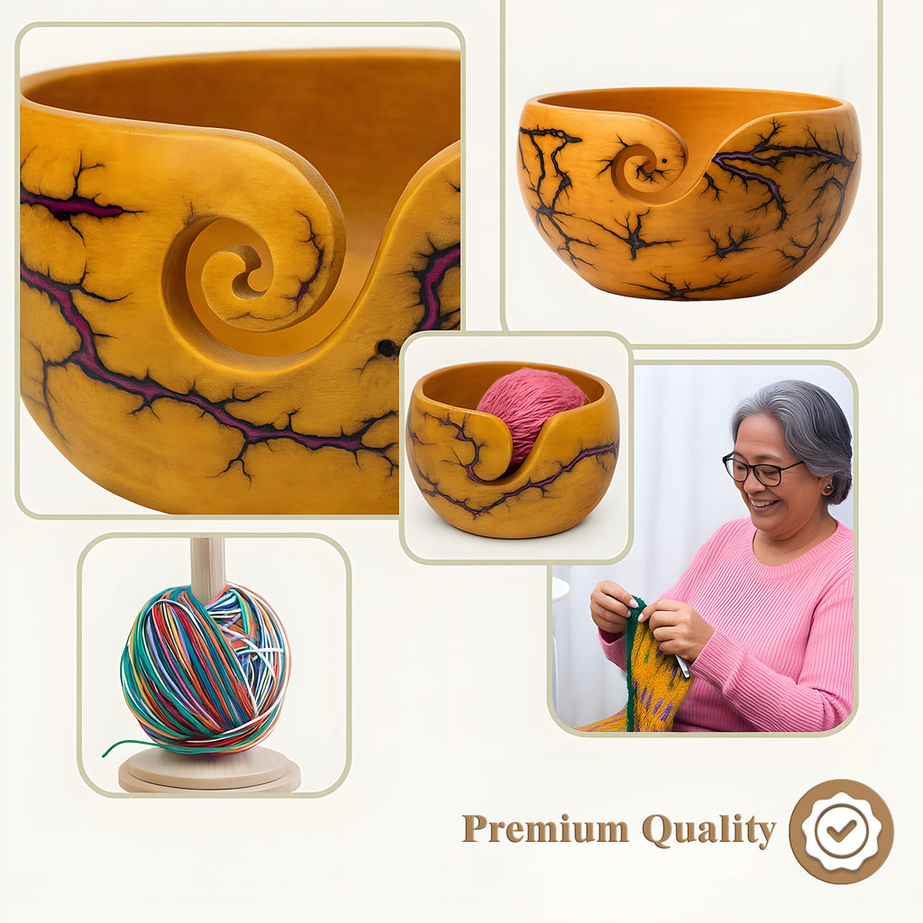Handcrafted wooden yarn bowl with distinctive natural grain