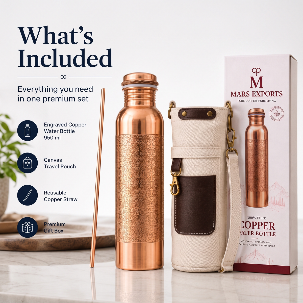 Floral Design Copper Bottle With Straw And Carry Canvas Bag – 950 ml / 32 oz