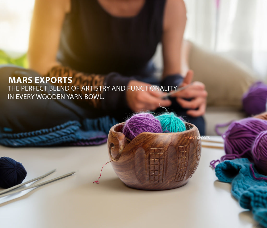 Hand-Carved Indian Rosewood Yarn Bowl for Knitting & Crochet – 7 × 4 in