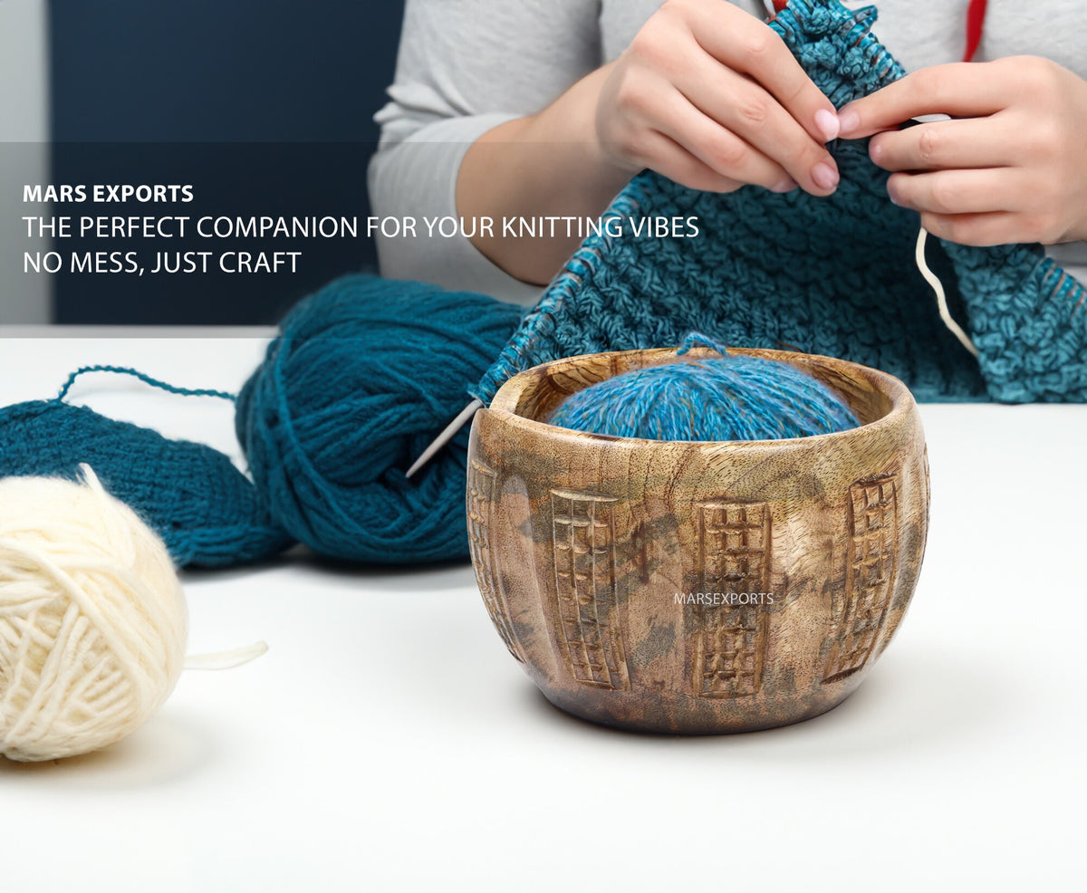Hand-Carved Mango Wood Yarn Bowl for Knitting & Crochet – 6 × 4 in