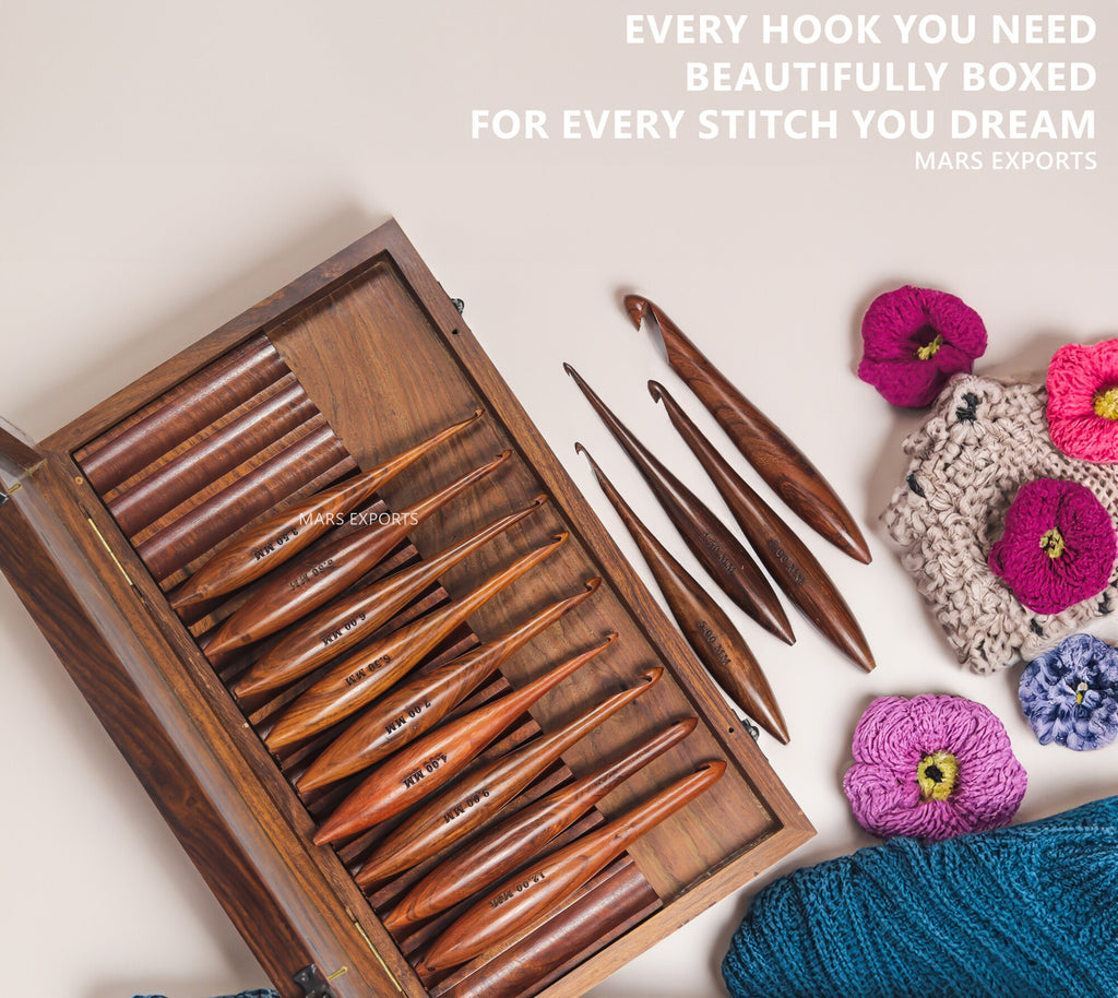 13-Piece Wooden Crochet Hook Set with Rosewood Box, 3.5–16 mm
