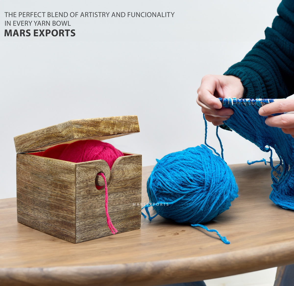Square Wooden Yarn Bowl – Single Ball Holder, 6 × 6 × 6 in