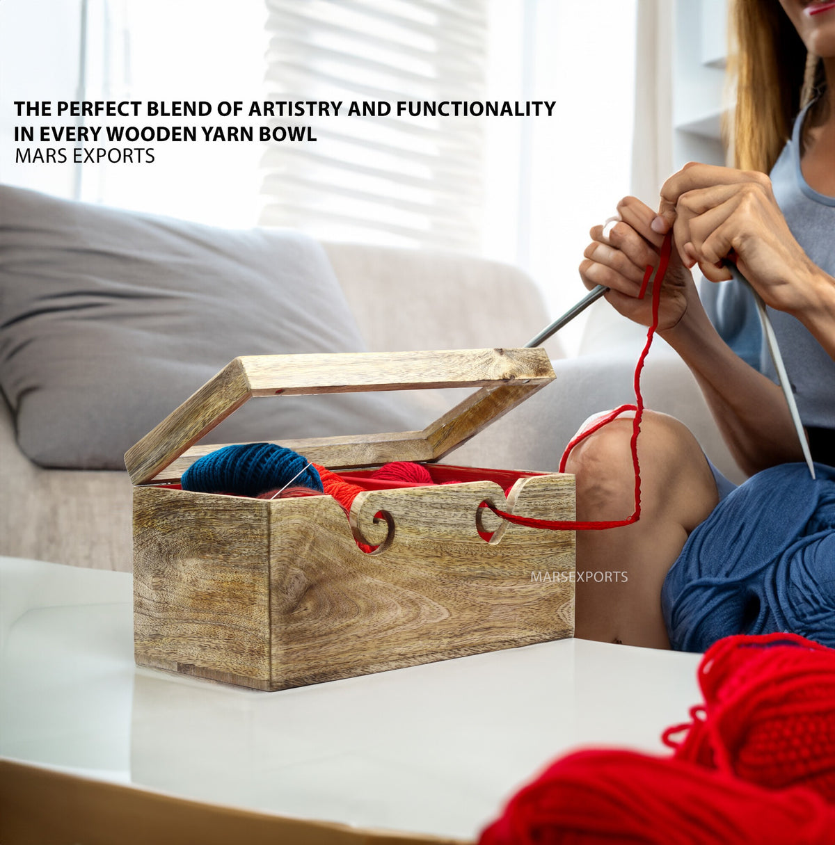 Square Wooden Dual Yarn Bowl – 2-Ball Holder, 12 × 6 × 6 in