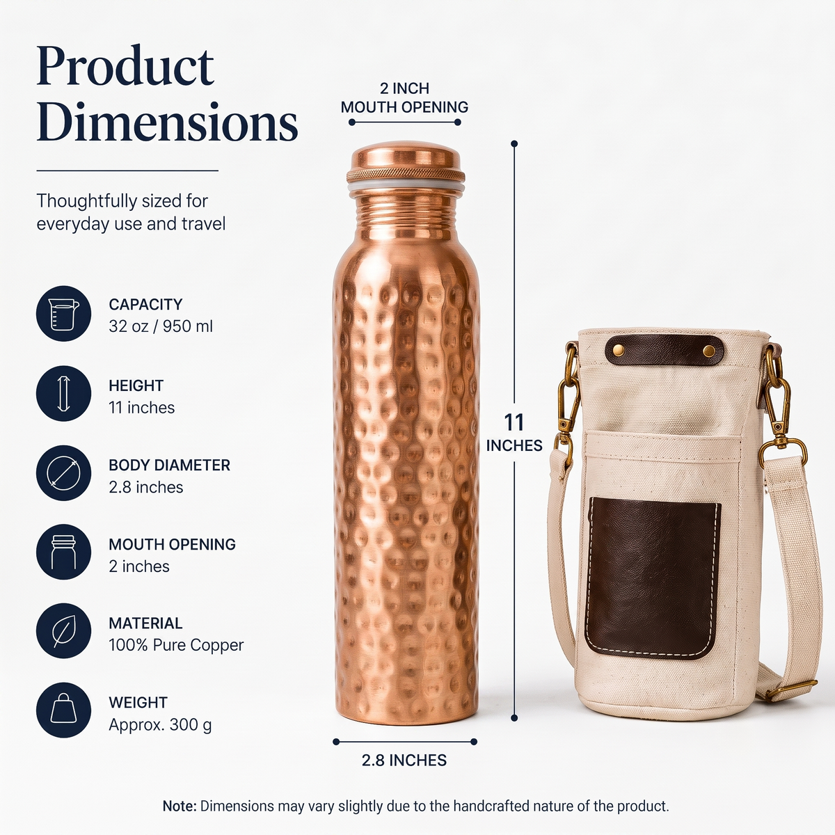 Full Hammered Copper Bottle with Canvas Carry Bag and Copper Straw – 950 ml / 32 oz