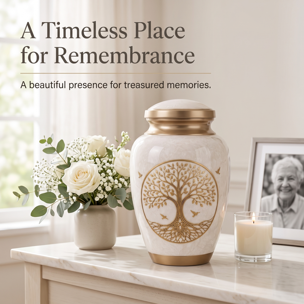 200 Cu In Large White Tree of Life Metal Urn for Adult Ashes – Gold Memorial Urn with Velvet Pouch
