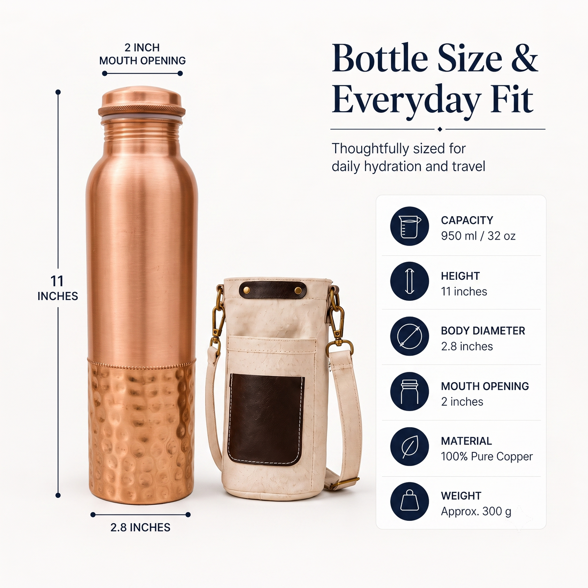 MARS EXPORTS Bottom Hammered Copper Bottle with Canvas Carry Bag and Copper Straw – 950 ml / 32 oz