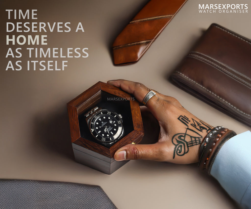 Single Watch Wooden Display Box – Hexagon Watch Storage Case with Clear Lid & Soft Cushion, Brown
