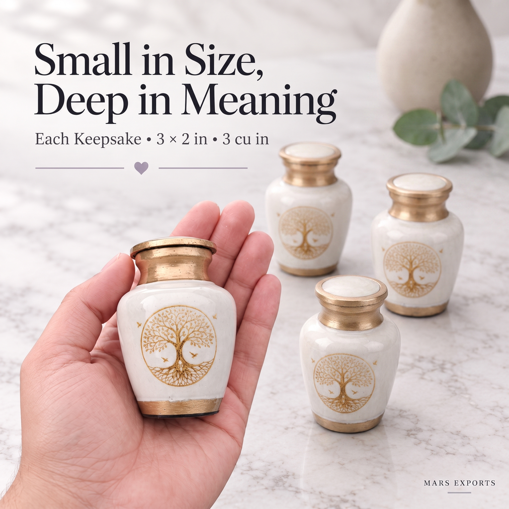 Set of 4 White Tree of Life Mini Keepsake Urns for Ashes – Metal Urns with Velvet Pouches & Box, 3 Cu In Each