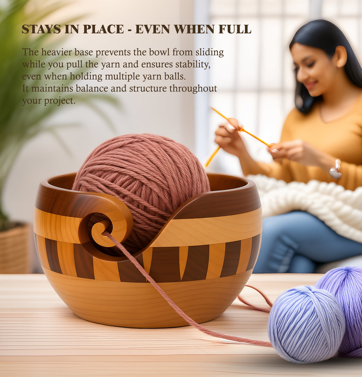 Handcrafted wooden yarn bowl with distinctive layered natural tones