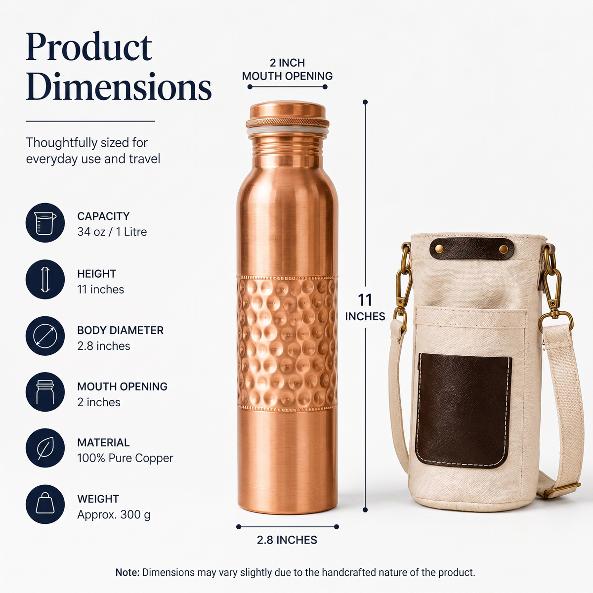 Copper Bottle with Canvas Carry Bag and Copper Straw – 950 ml / 32 oz (Centre Hammered)