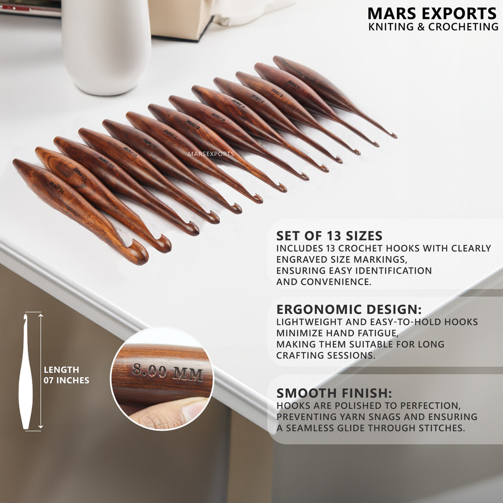13-Piece Wooden Crochet Hook Set with Rosewood Box, 3.5–16 mm