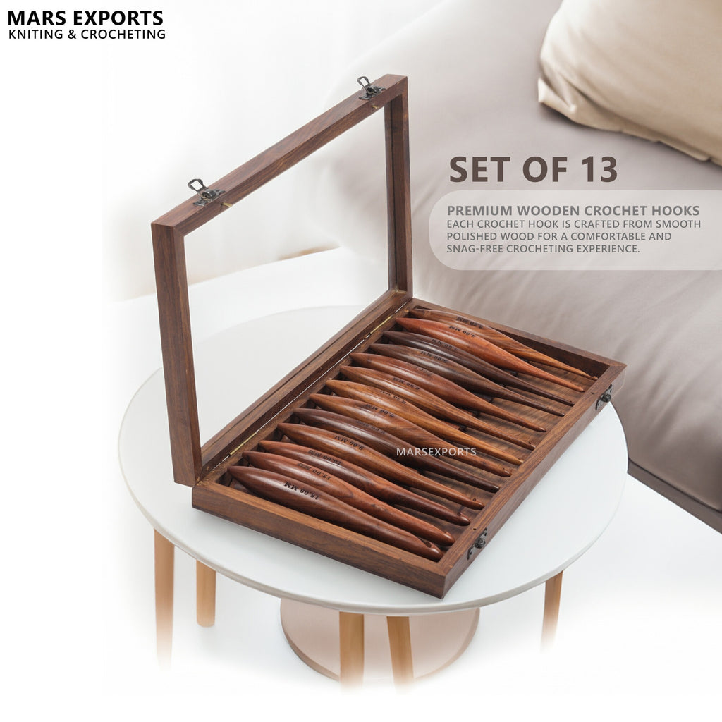 13-Piece Wooden Crochet Hook Set with Rosewood Box, 3.5–16 mm