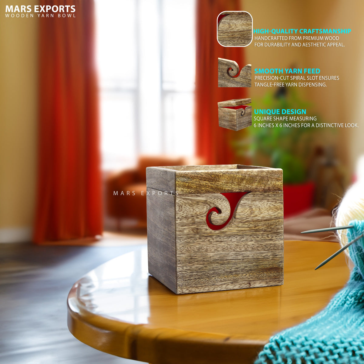 Square Wooden Yarn Bowl – Single Ball Holder, 6 × 6 × 6 in