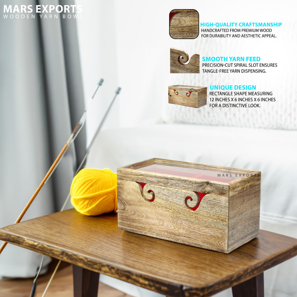 Square Wooden Dual Yarn Bowl – 2-Ball Holder, 12 × 6 × 6 in