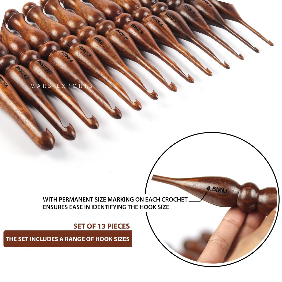 13-Piece Rosewood Crochet Hook Set – Assorted Wooden Hooks, Design 4