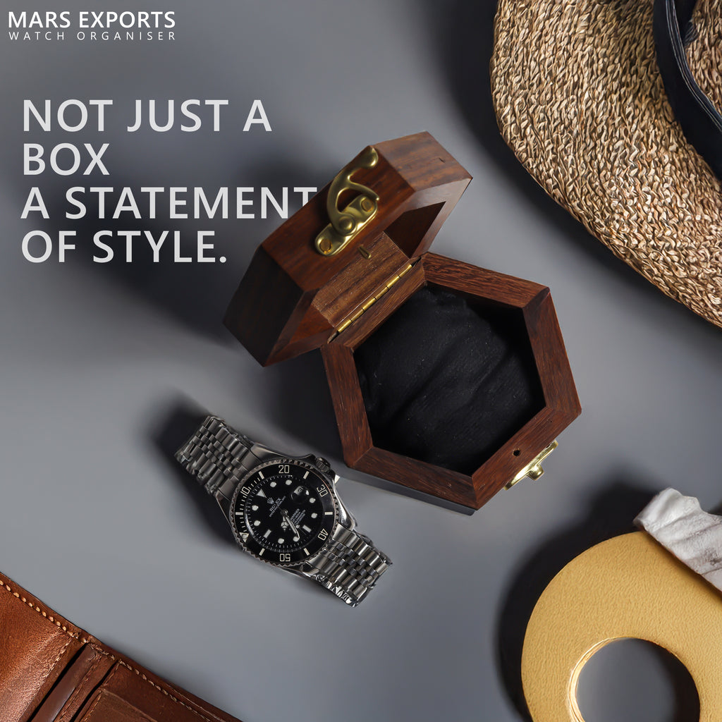 Single Watch Wooden Display Box – Hexagon Watch Storage Case with Clear Lid & Soft Cushion, Brown
