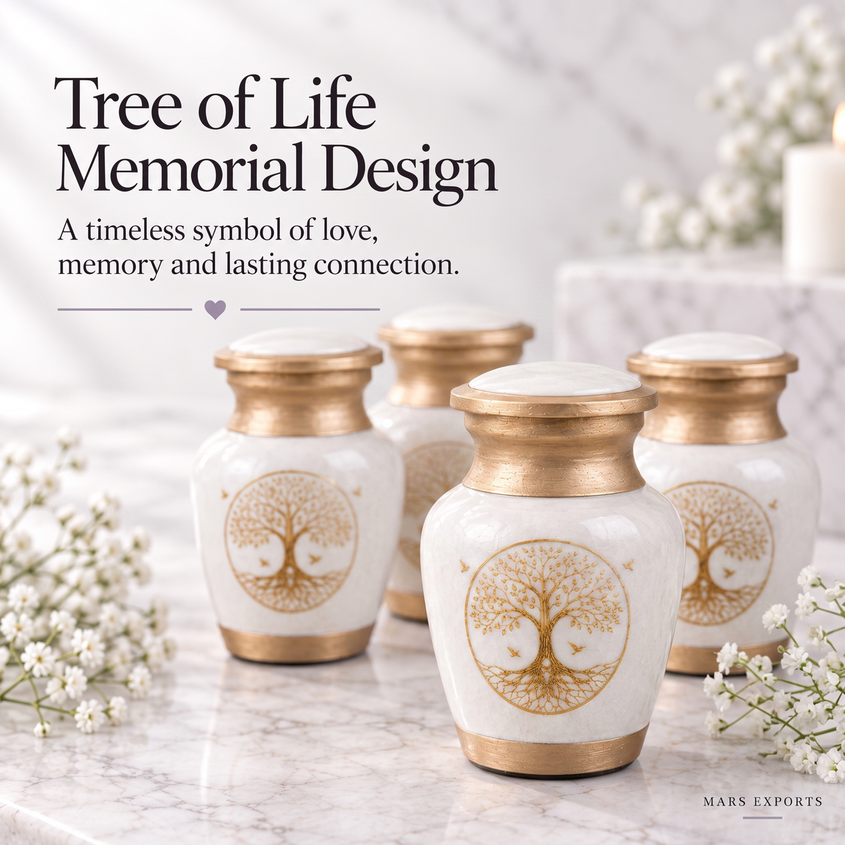 Set of 4 White Tree of Life Mini Keepsake Urns for Ashes – Metal Urns with Velvet Pouches & Box, 3 Cu In Each