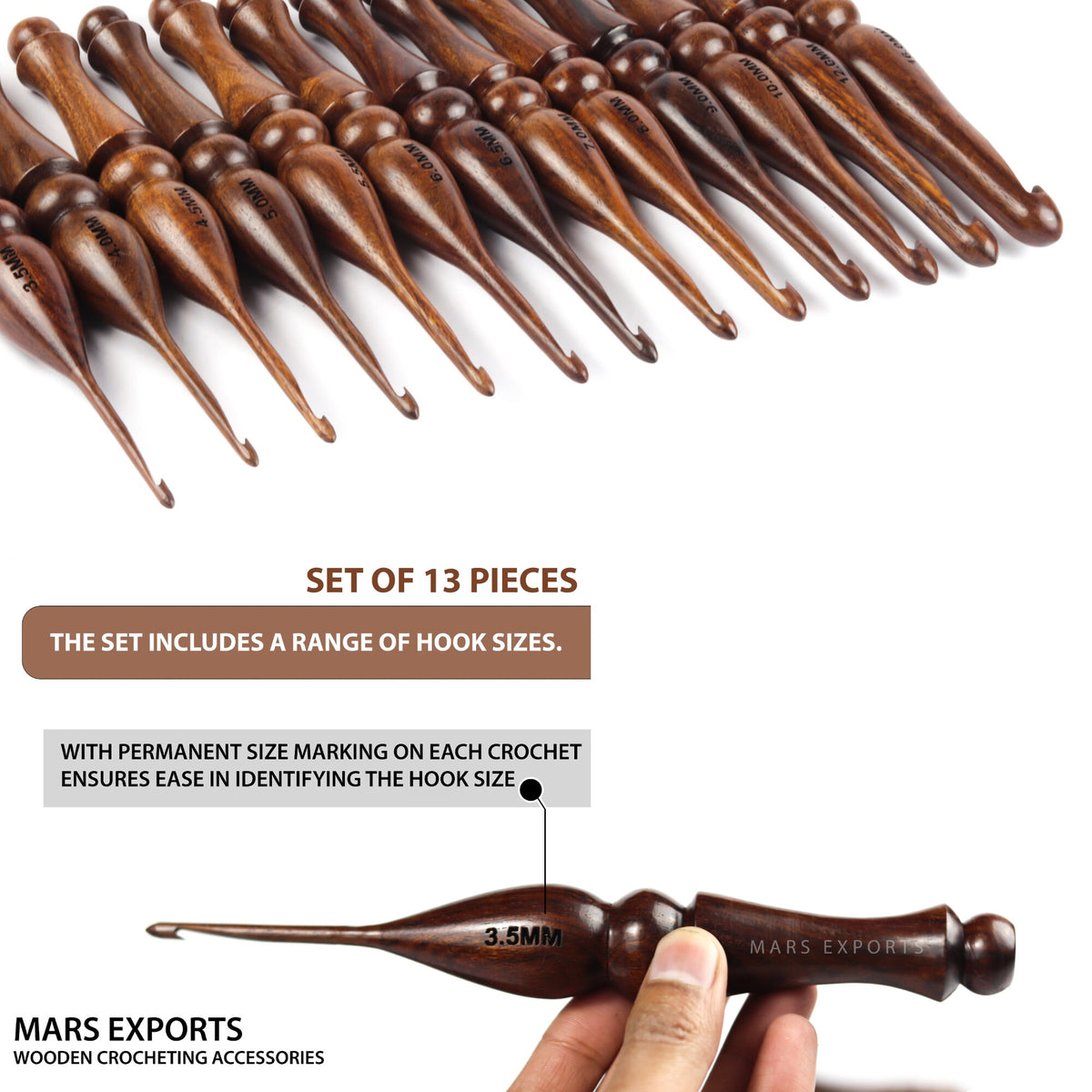 Premium 13-Piece Rosewood Crochet Hook Set – Wooden Hooks, Design 5