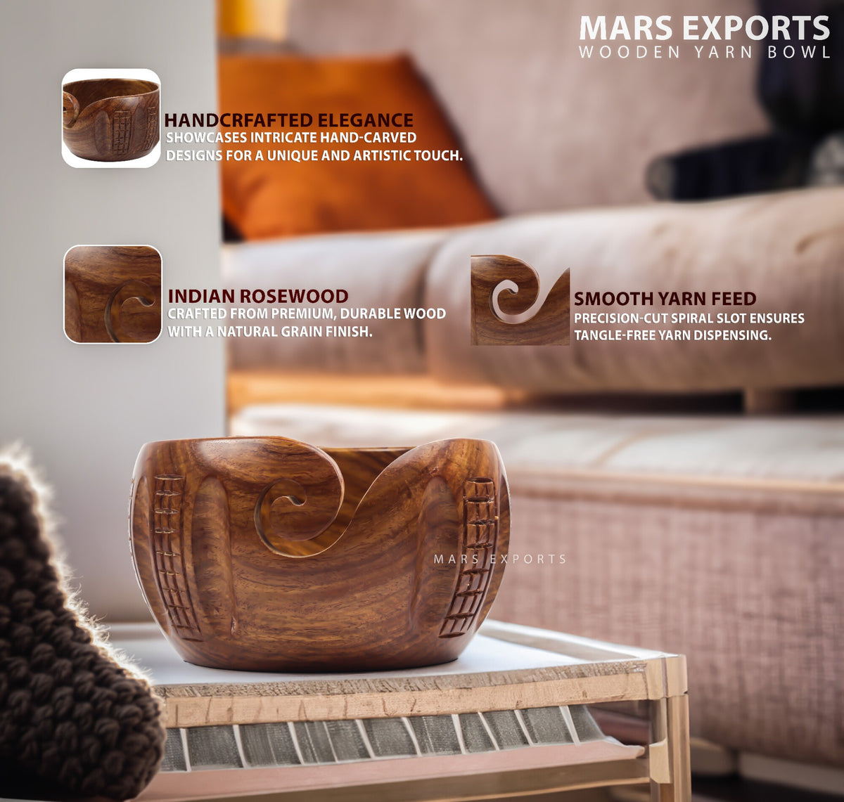 Hand-Carved Indian Rosewood Yarn Bowl for Knitting & Crochet – 7 × 4 in