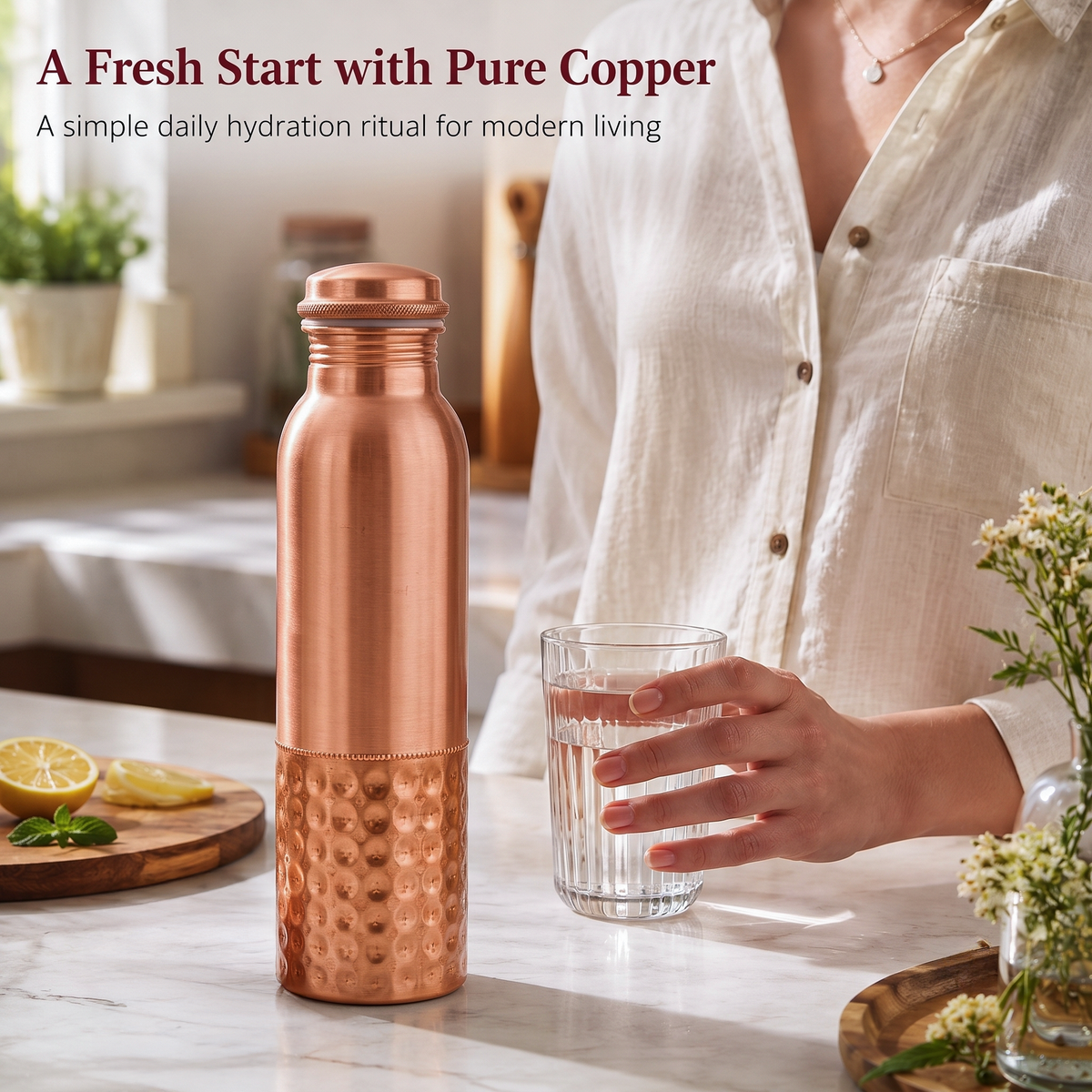 MARS EXPORTS Bottom Hammered Copper Bottle with Canvas Carry Bag and Copper Straw – 950 ml / 32 oz