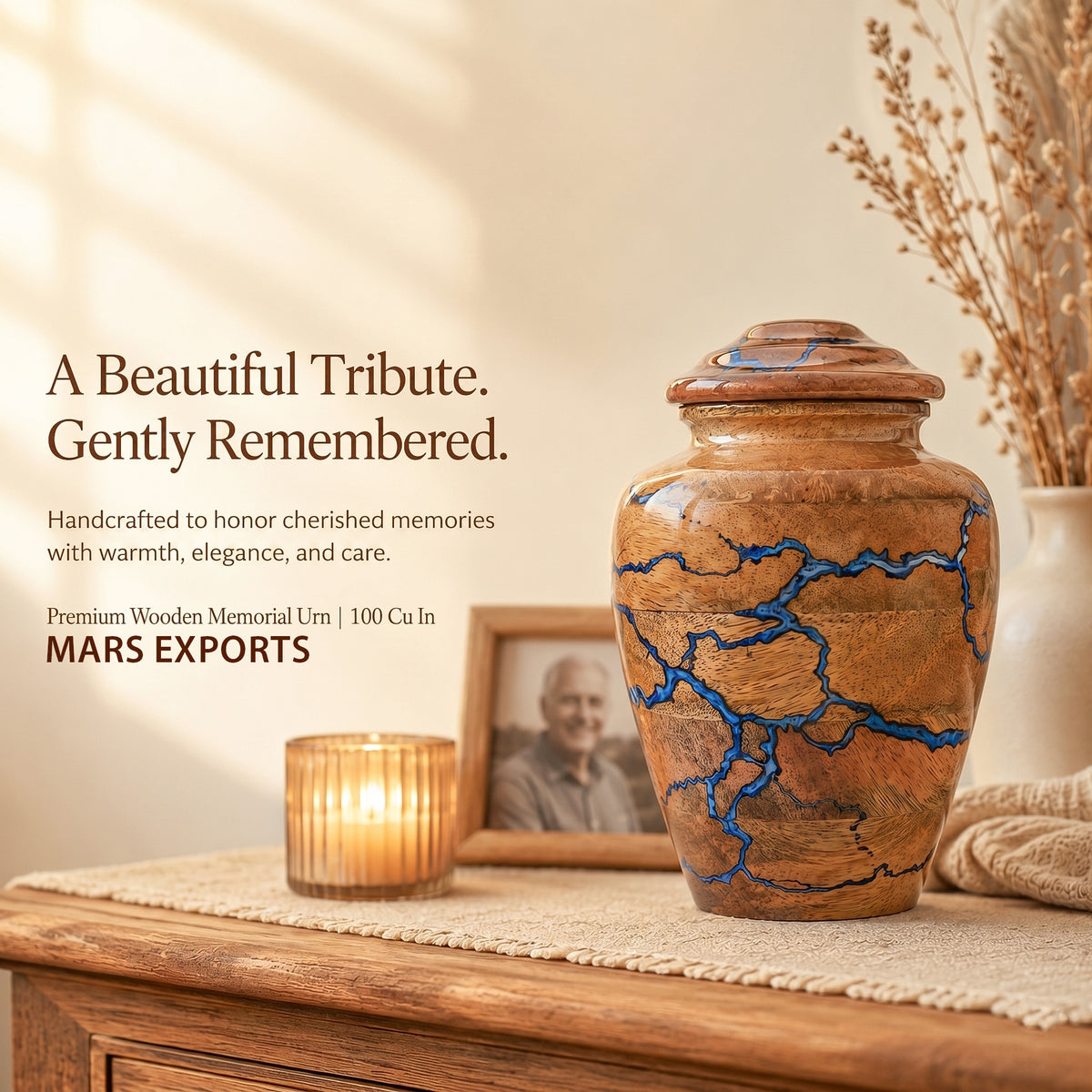 Handcrafted 100 cu in memorial urn with natural wood grain