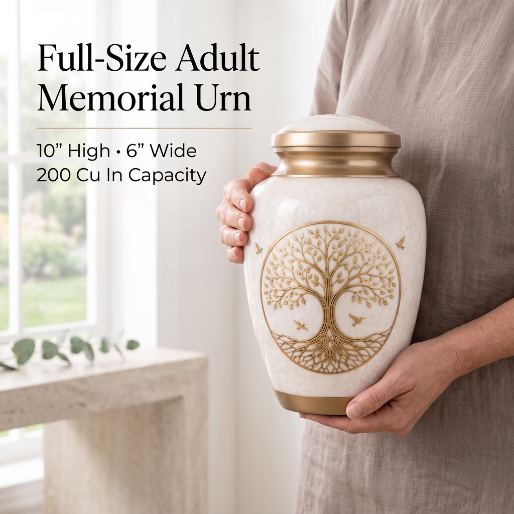 200 Cu In Large White Tree of Life Metal Urn for Adult Ashes – Gold Memorial Urn with Velvet Pouch