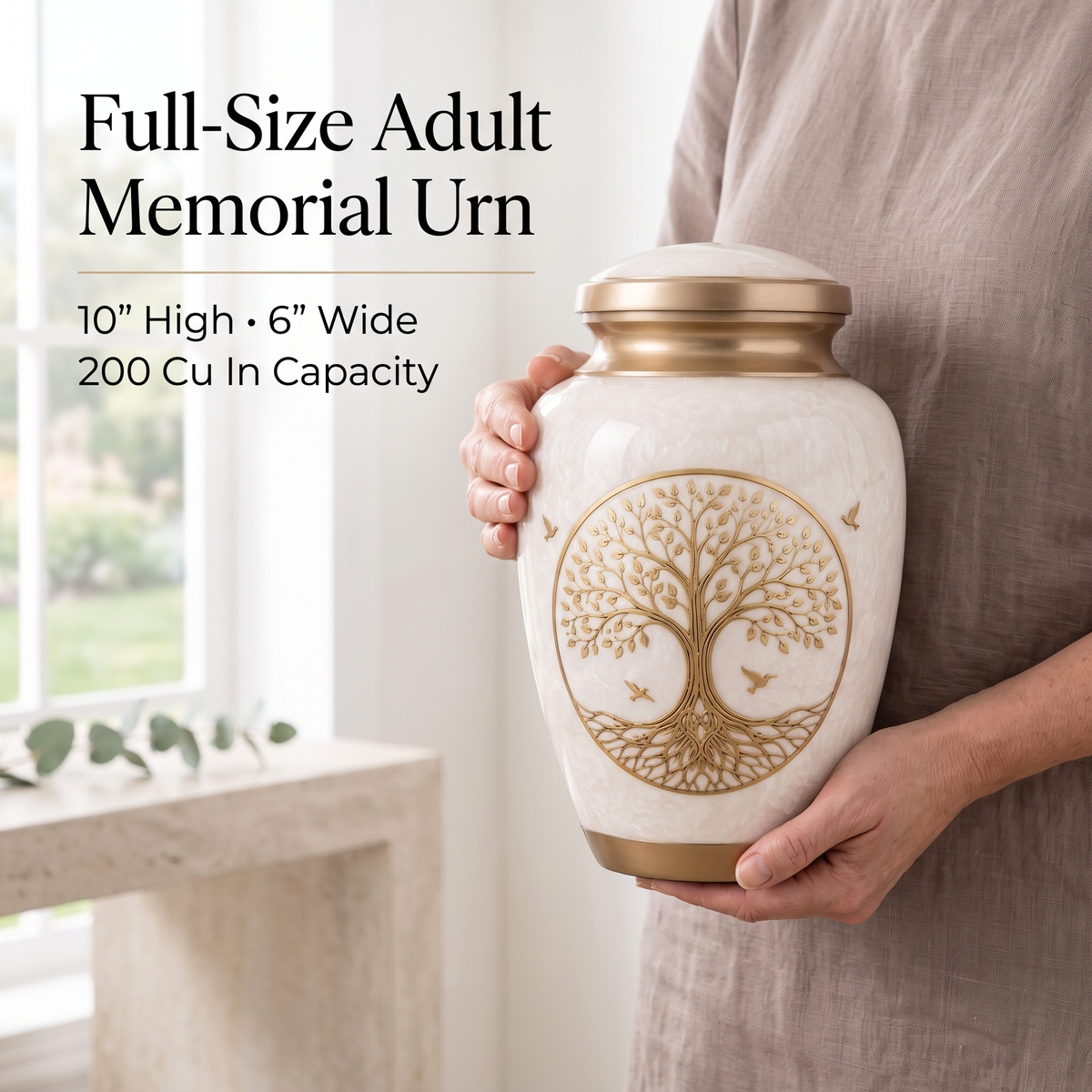 200 Cu In Large White Tree of Life Metal Urn for Adult Ashes – Gold Memorial Urn with Velvet Pouch