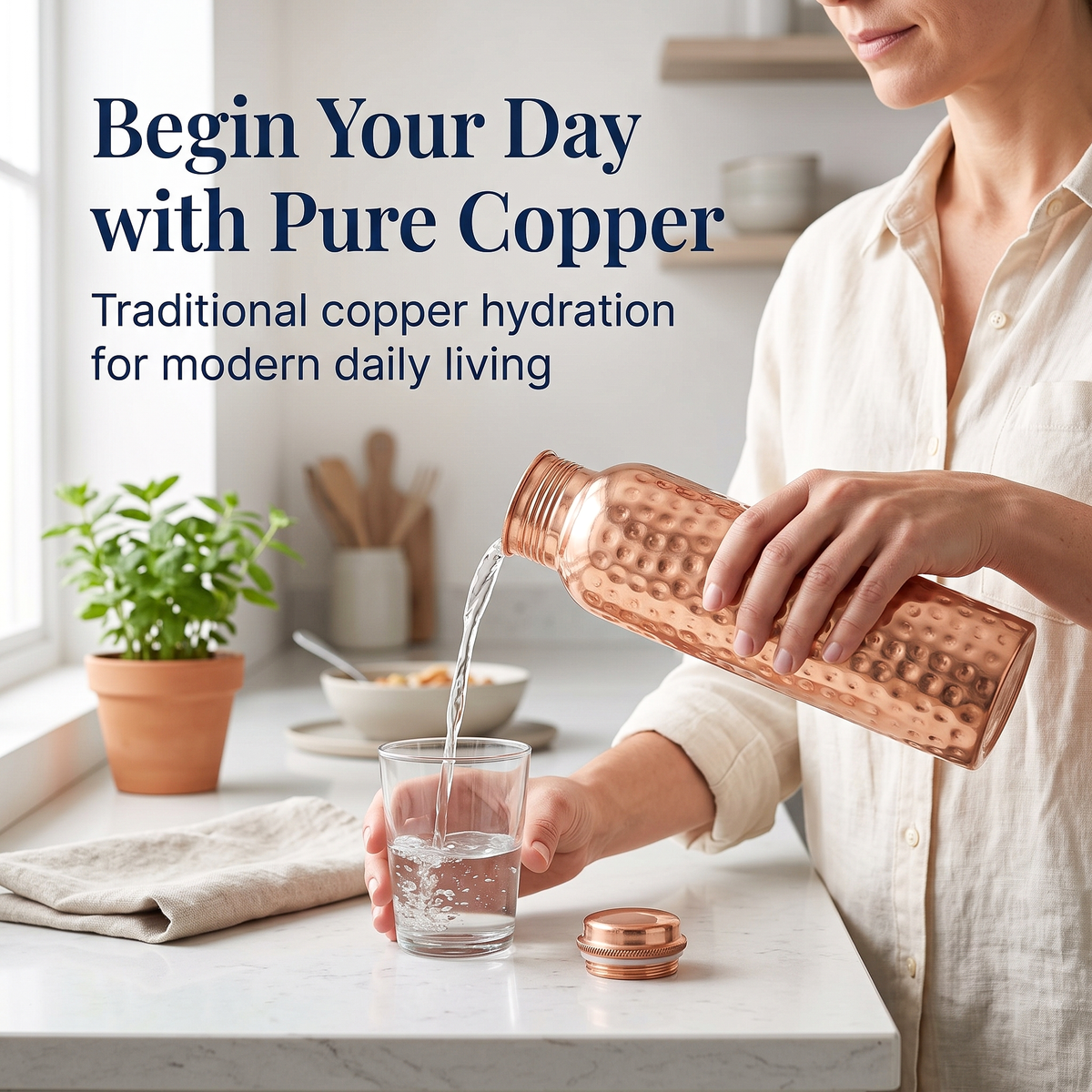 Full Hammered Copper Bottle with Canvas Carry Bag and Copper Straw – 950 ml / 32 oz