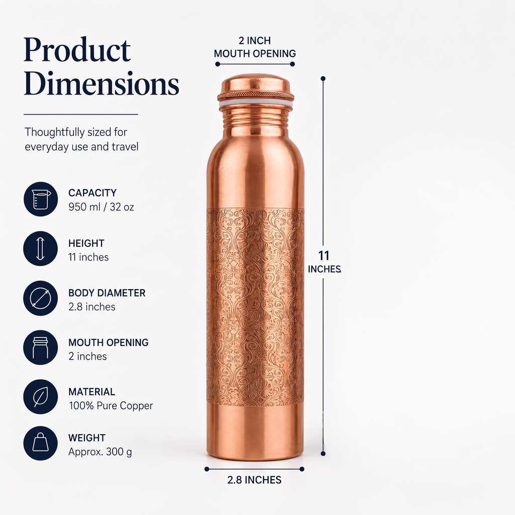 Floral Design Copper Bottle With Straw And Carry Canvas Bag – 950 ml / 32 oz