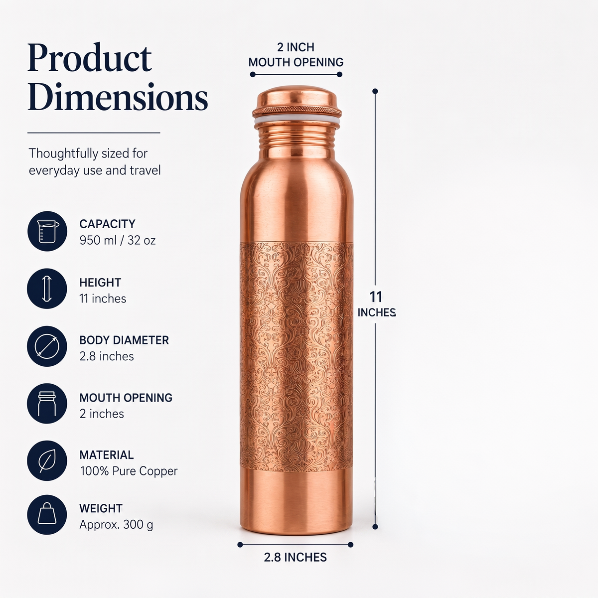 Floral Design Copper Bottle With Straw And Carry Canvas Bag – 950 ml / 32 oz