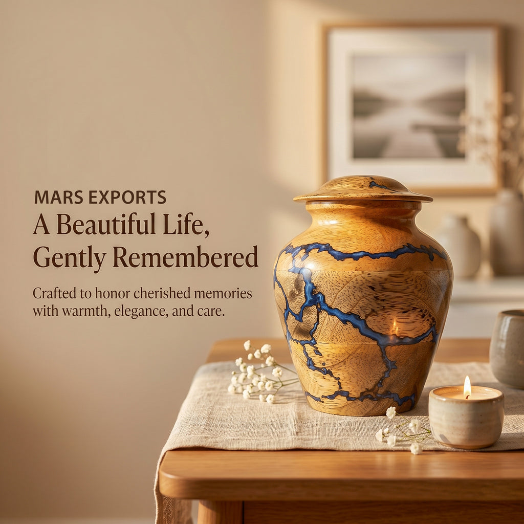 Nature-inspired mango wood keepsake urn with blue resin accents