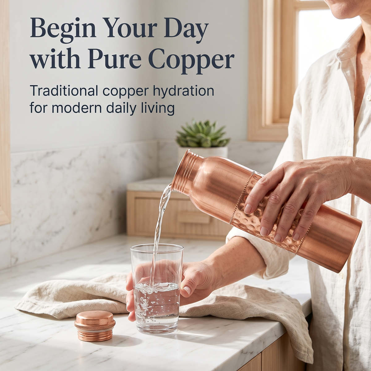 Copper Bottle with Canvas Carry Bag and Copper Straw – 950 ml / 32 oz (Centre Hammered)
