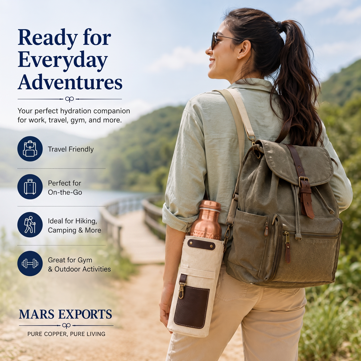 MARS EXPORTS Bottom Hammered Copper Bottle with Canvas Carry Bag and Copper Straw – 950 ml / 32 oz