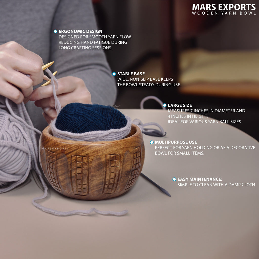Hand-Carved Indian Rosewood Yarn Bowl for Knitting & Crochet – 7 × 4 in