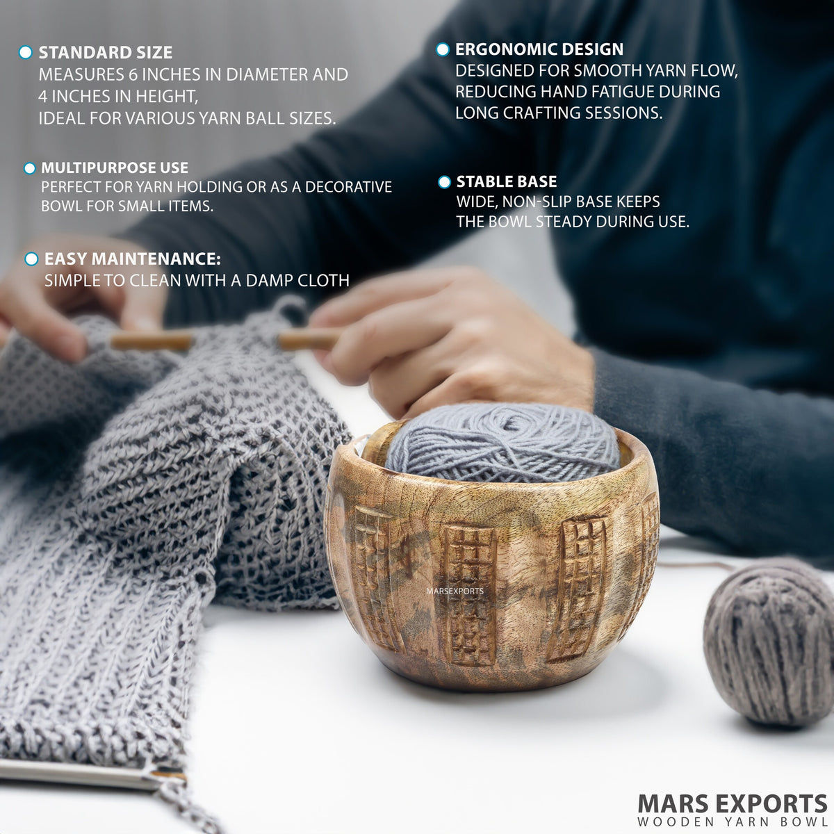 Hand-Carved Mango Wood Yarn Bowl for Knitting & Crochet – 6 × 4 in