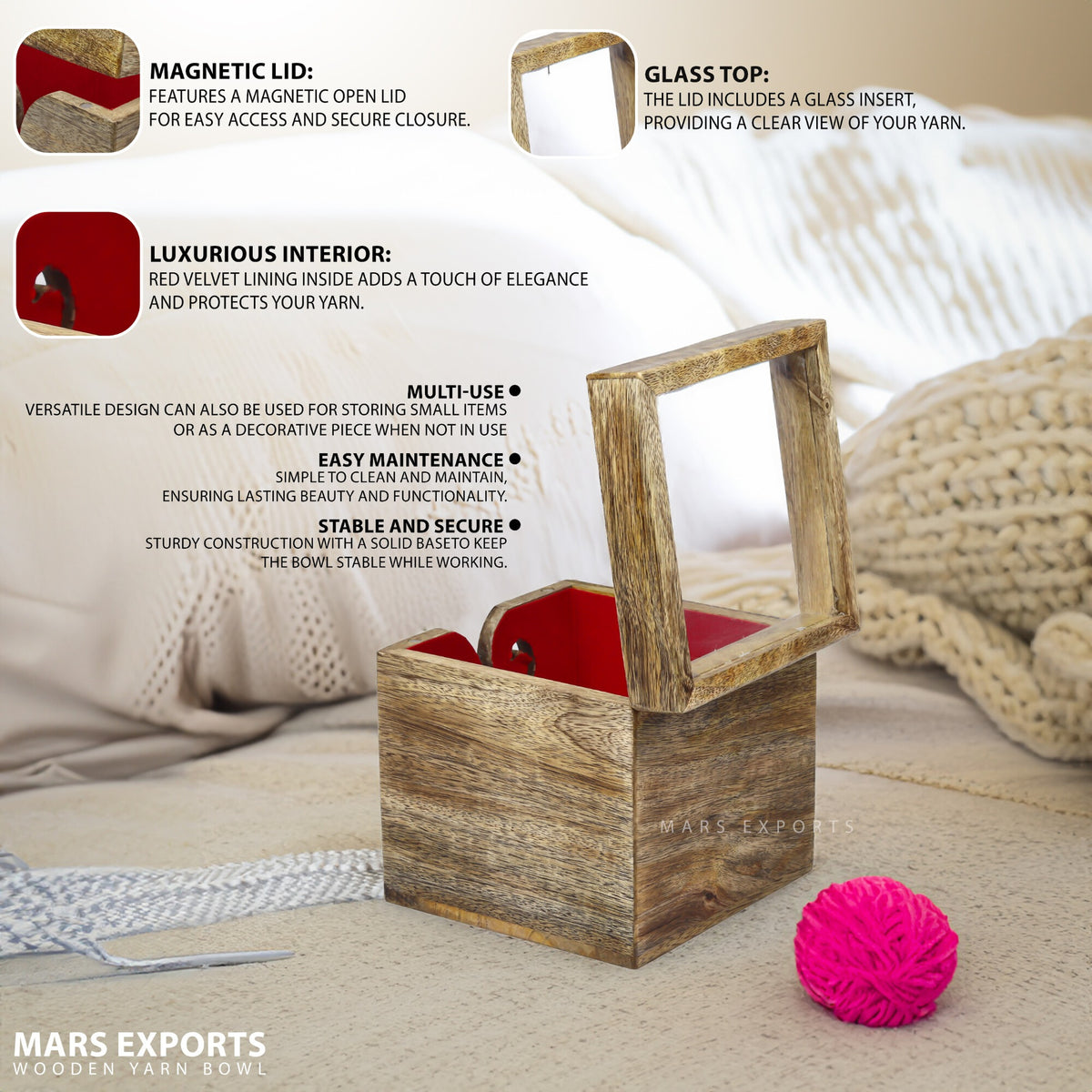 Square Wooden Yarn Bowl – Single Ball Holder, 6 × 6 × 6 in