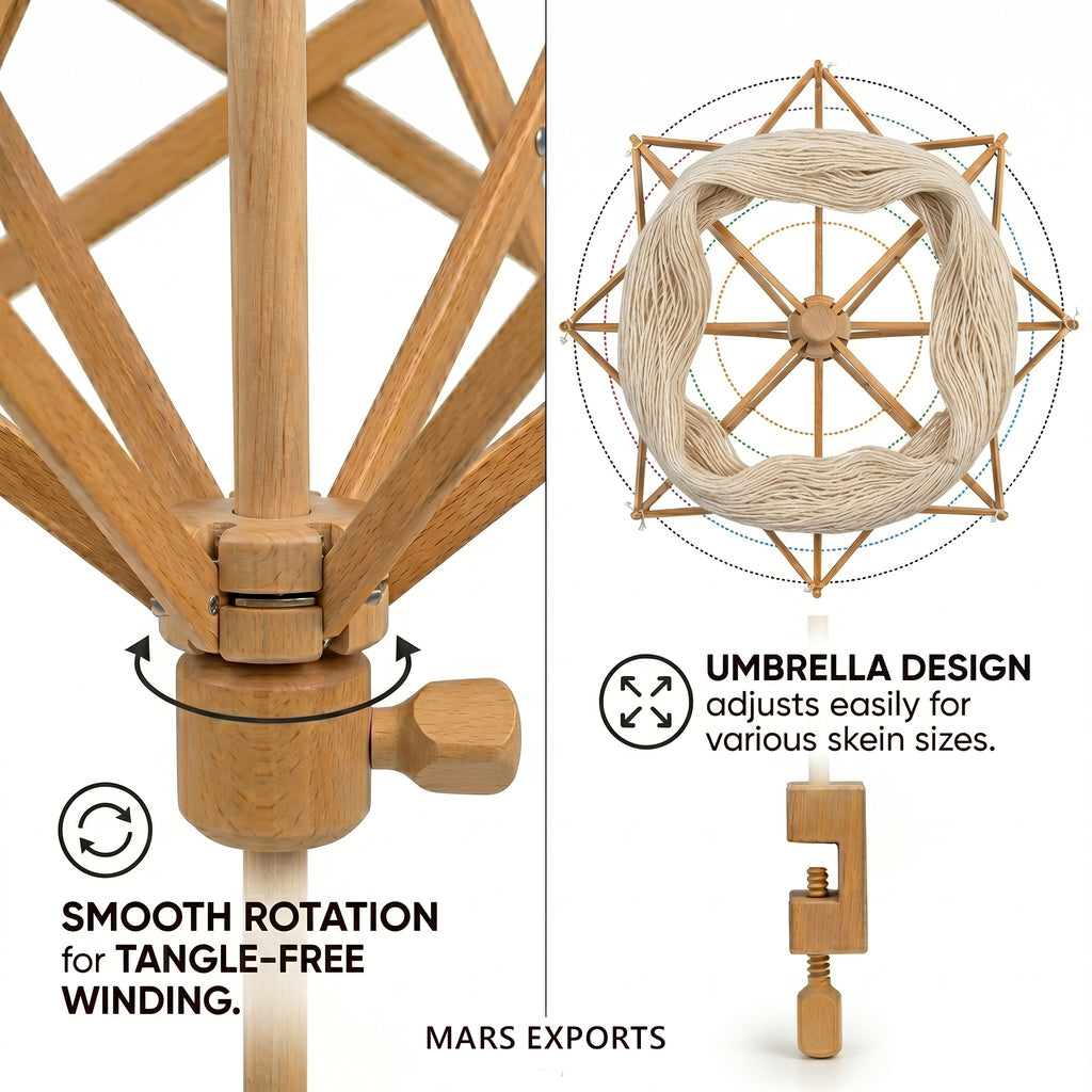 Beechwood yarn hank holder rotating during hand winding or ball-winder use