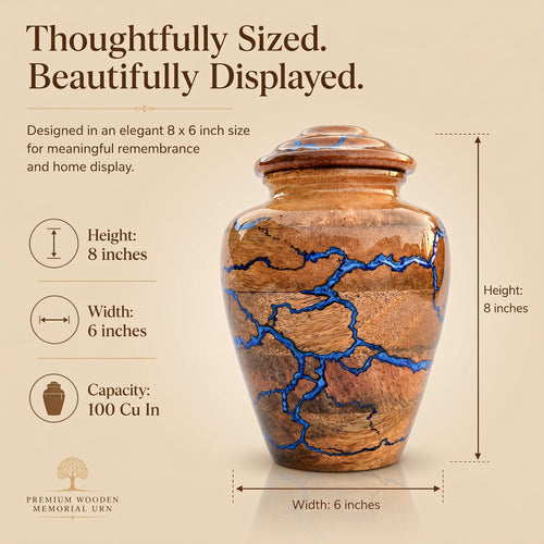 Medium adult wood and blue resin cremation urn for ashes
