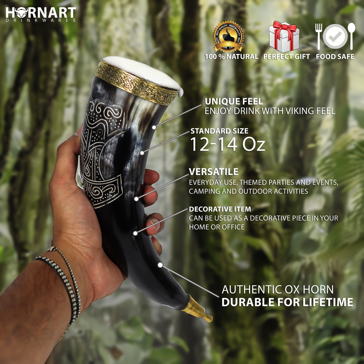 Natural ox horn Viking drinking vessel with display stand and leather holster – product view 4