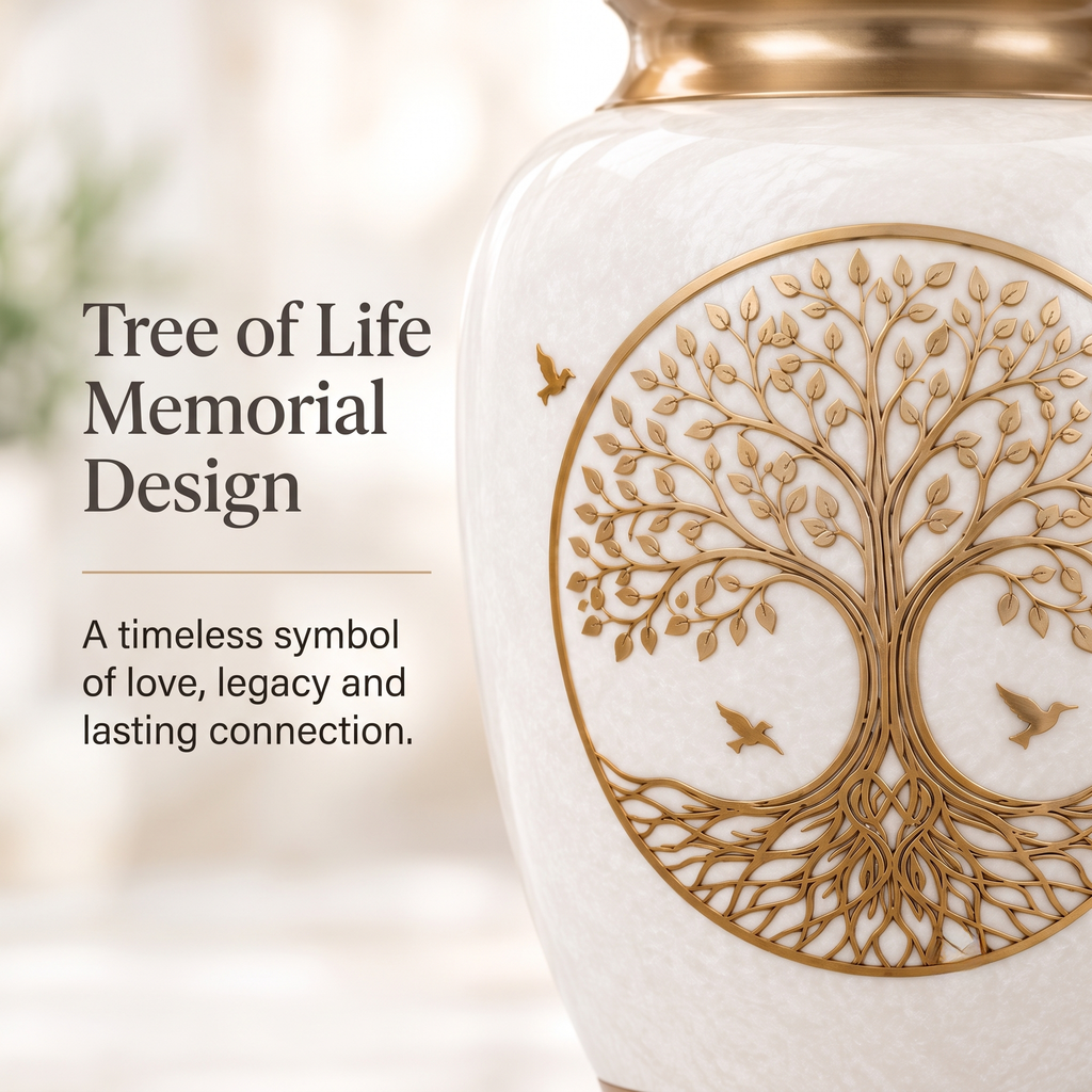 200 Cu In Large White Tree of Life Metal Urn for Adult Ashes – Gold Memorial Urn with Velvet Pouch