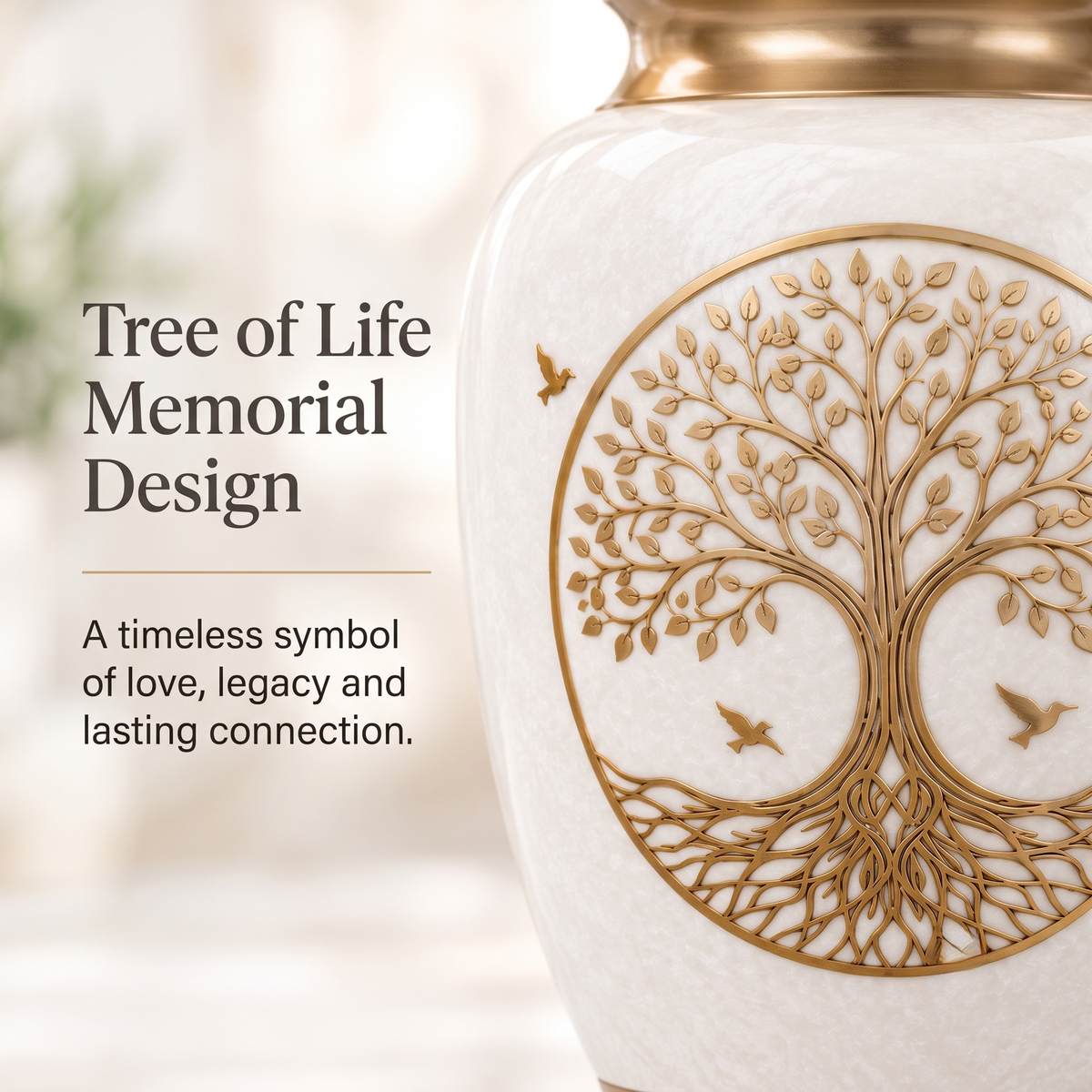 200 Cu In Large White Tree of Life Metal Urn for Adult Ashes – Gold Memorial Urn with Velvet Pouch