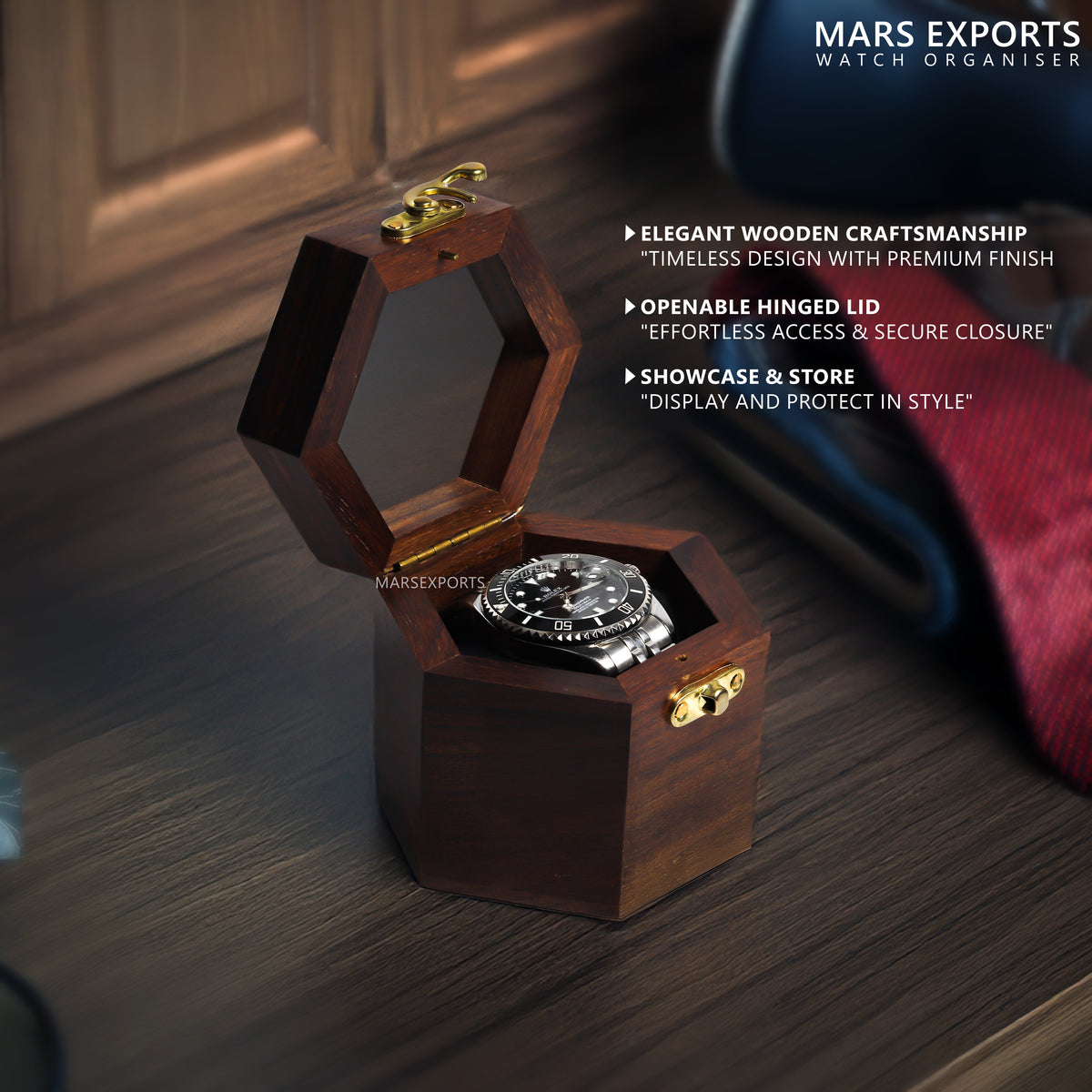 Single Watch Wooden Display Box – Hexagon Watch Storage Case with Clear Lid & Soft Cushion, Brown