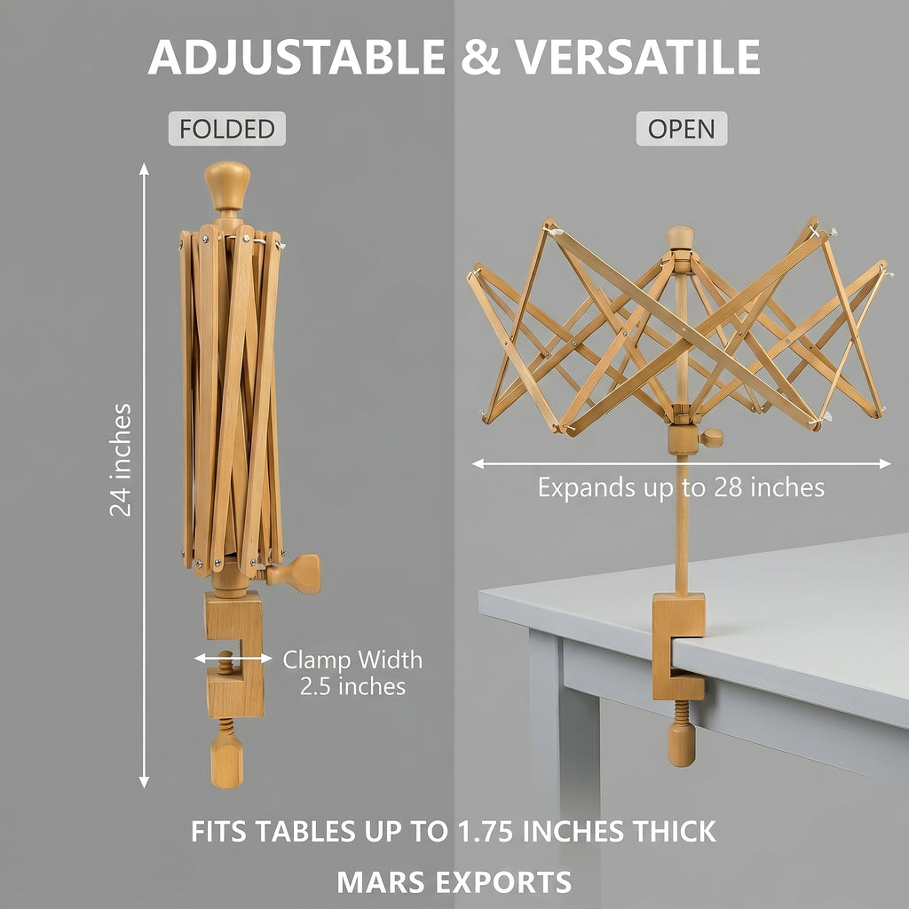 Foldable wooden umbrella swift for knitters, crocheters and fiber artists