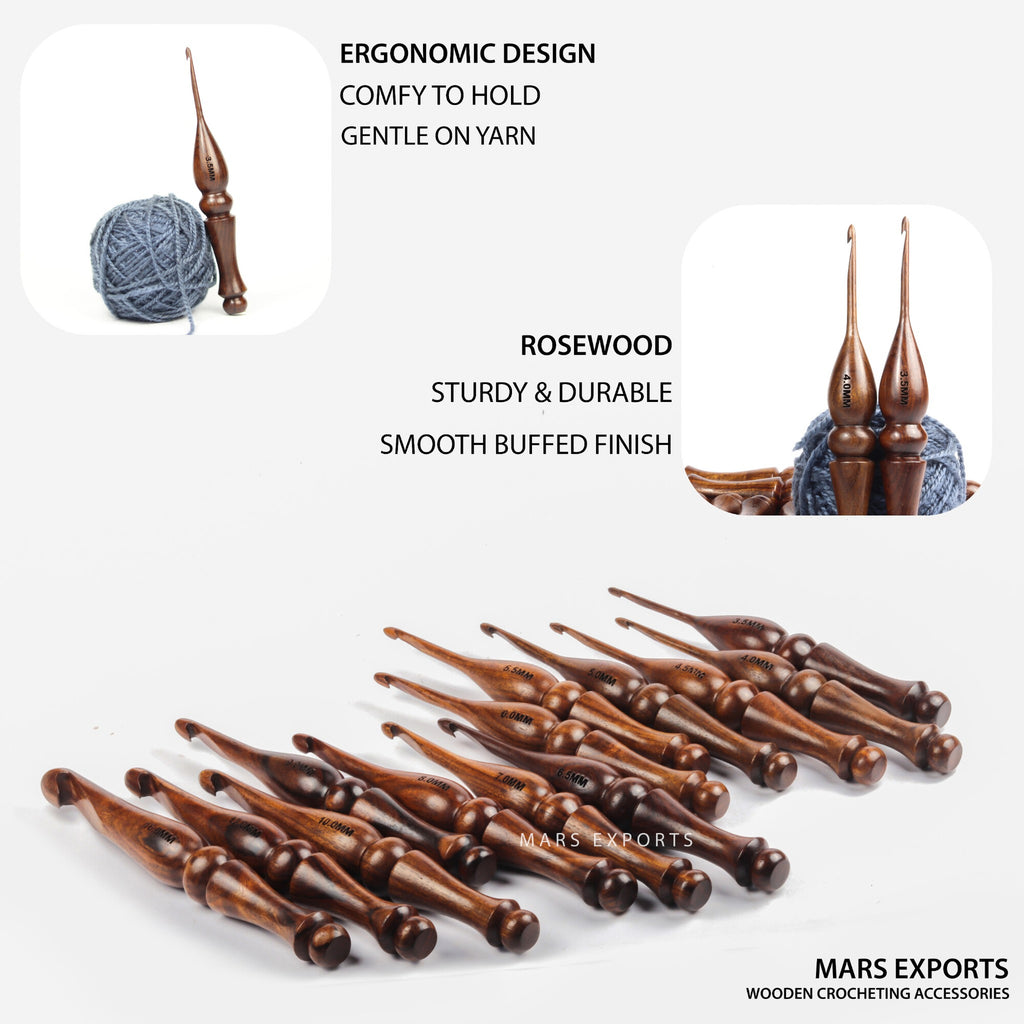 Premium 13-Piece Rosewood Crochet Hook Set – Wooden Hooks, Design 5