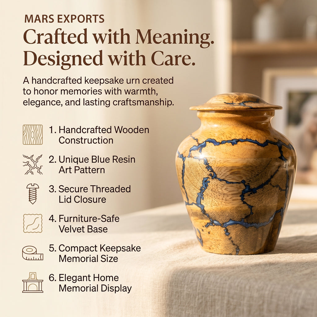 Small wooden memorial urn for celebration of life