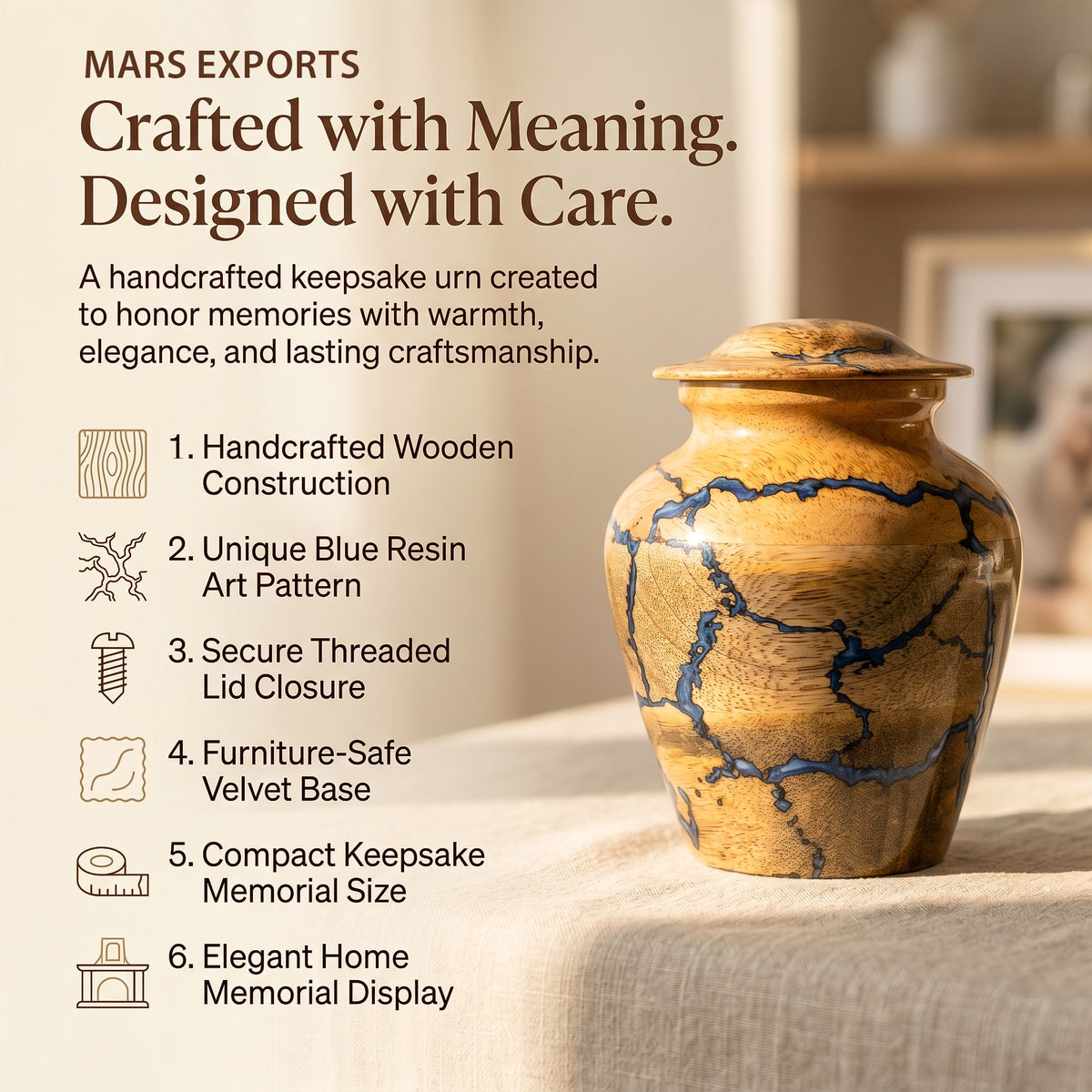 Small wooden memorial urn for celebration of life