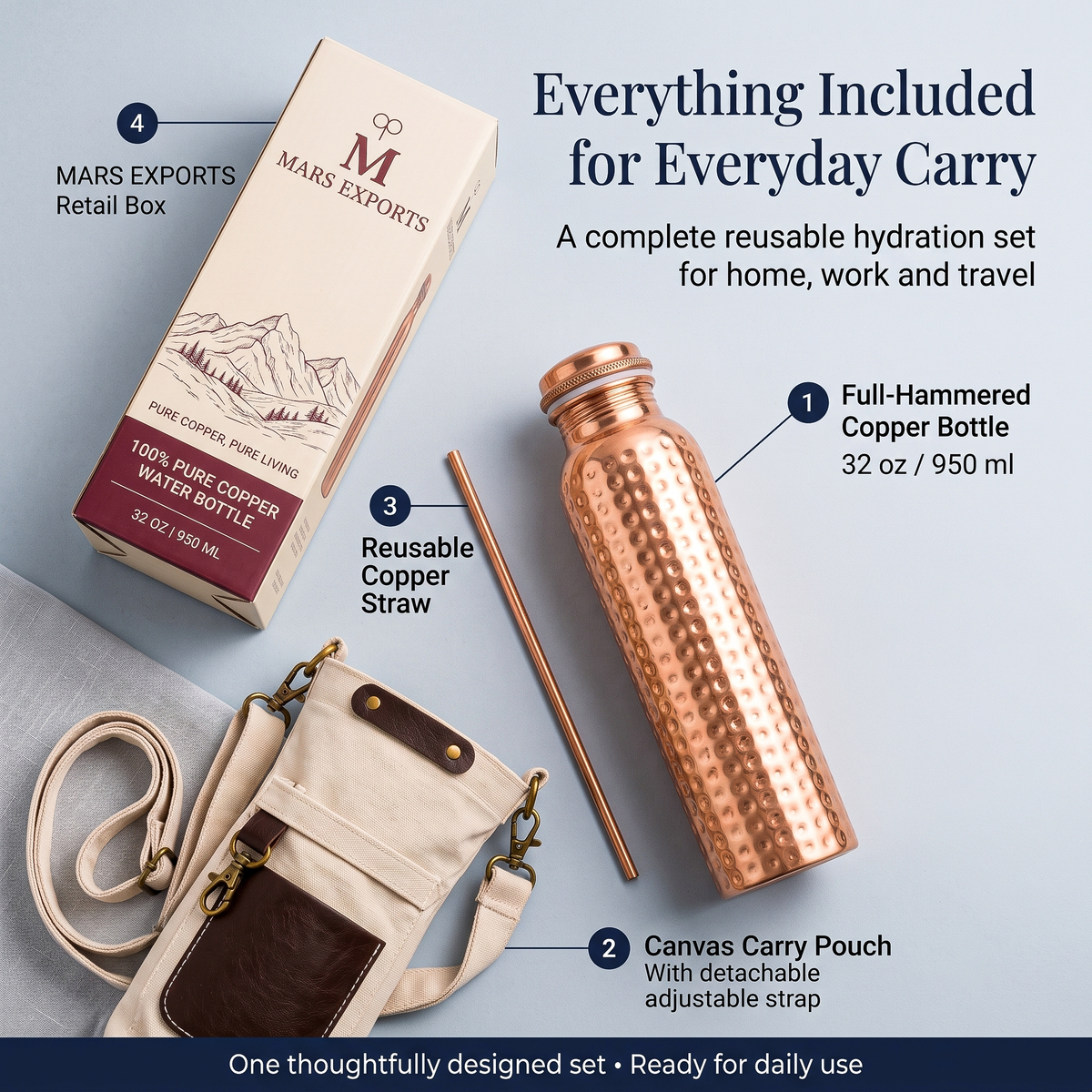 Full Hammered Copper Bottle with Canvas Carry Bag and Copper Straw – 950 ml / 32 oz