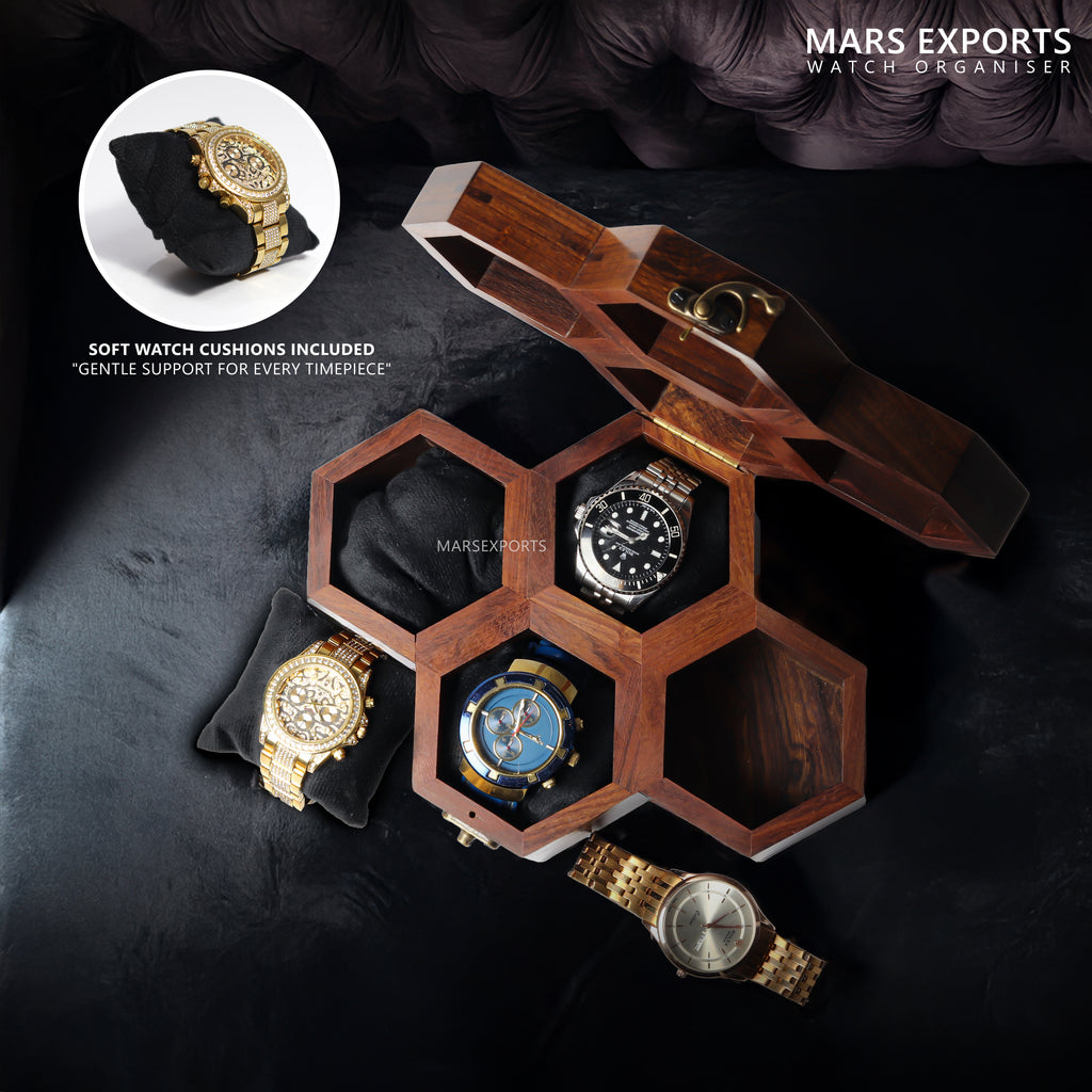 4 Slot Wooden Watch Box – Hexagon Display Case with Clear Lid & Soft Cushions, Brown