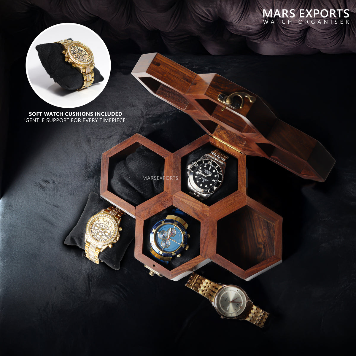 4 Slot Wooden Watch Box – Hexagon Display Case with Clear Lid & Soft Cushions, Brown