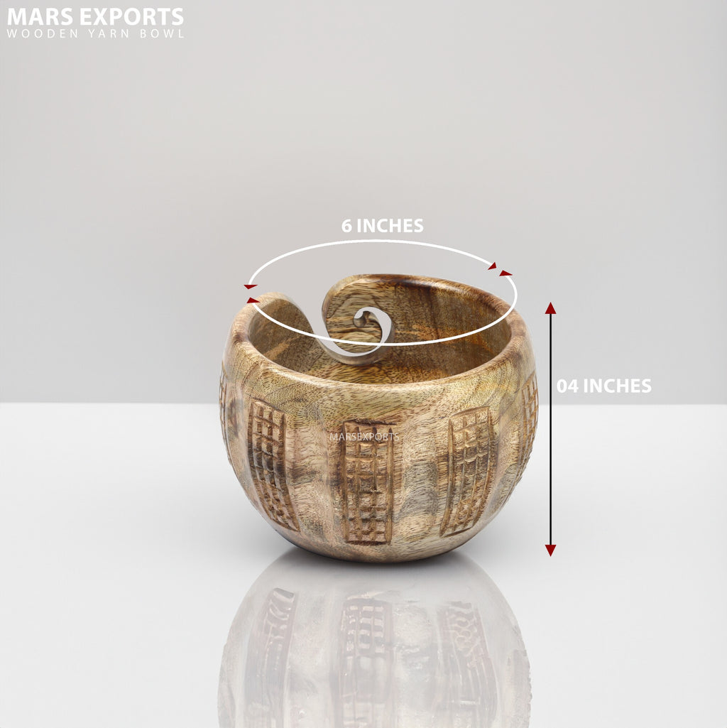Hand-Carved Mango Wood Yarn Bowl for Knitting & Crochet – 6 × 4 in